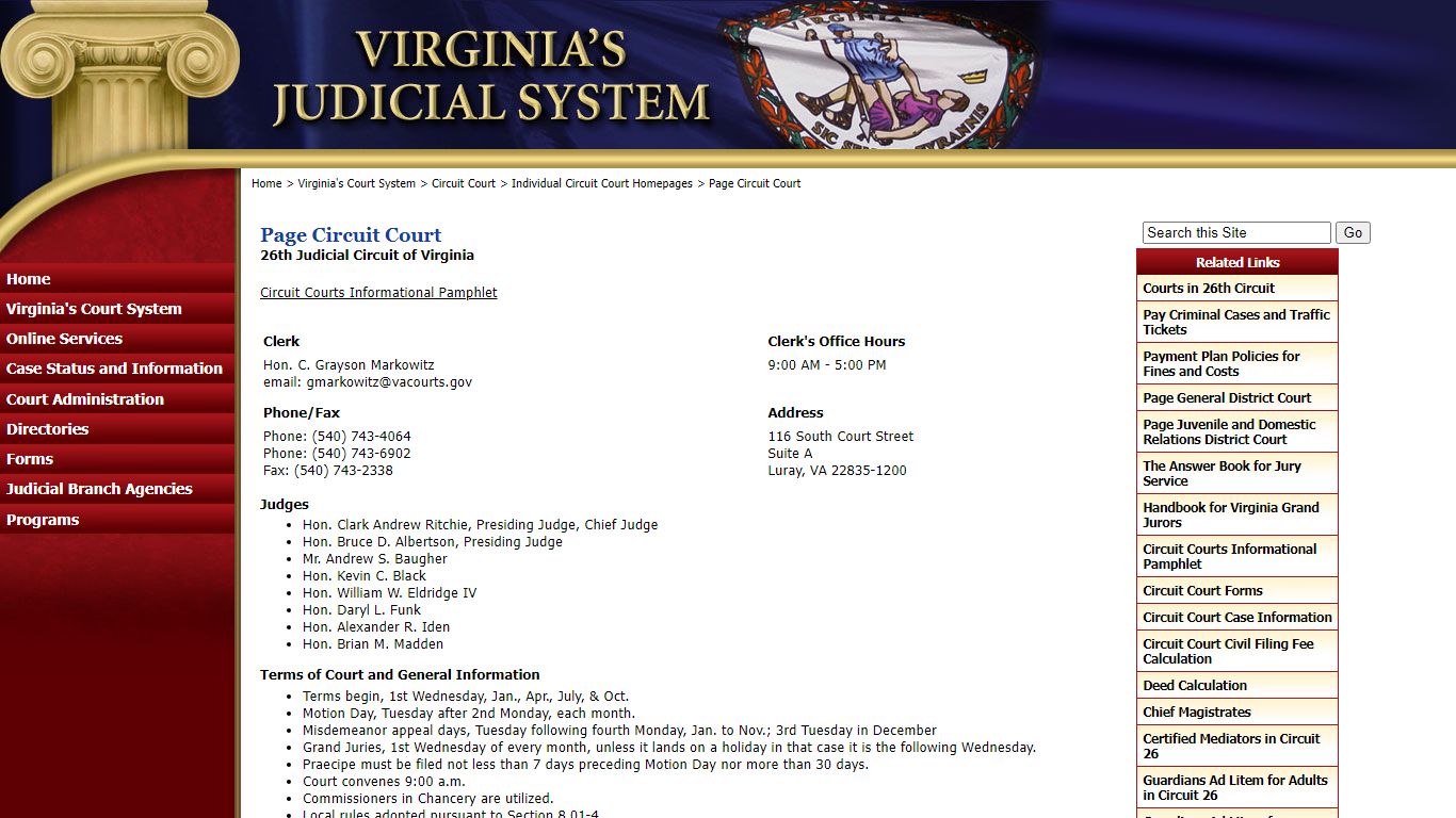Page Circuit Court - Judiciary of Virginia